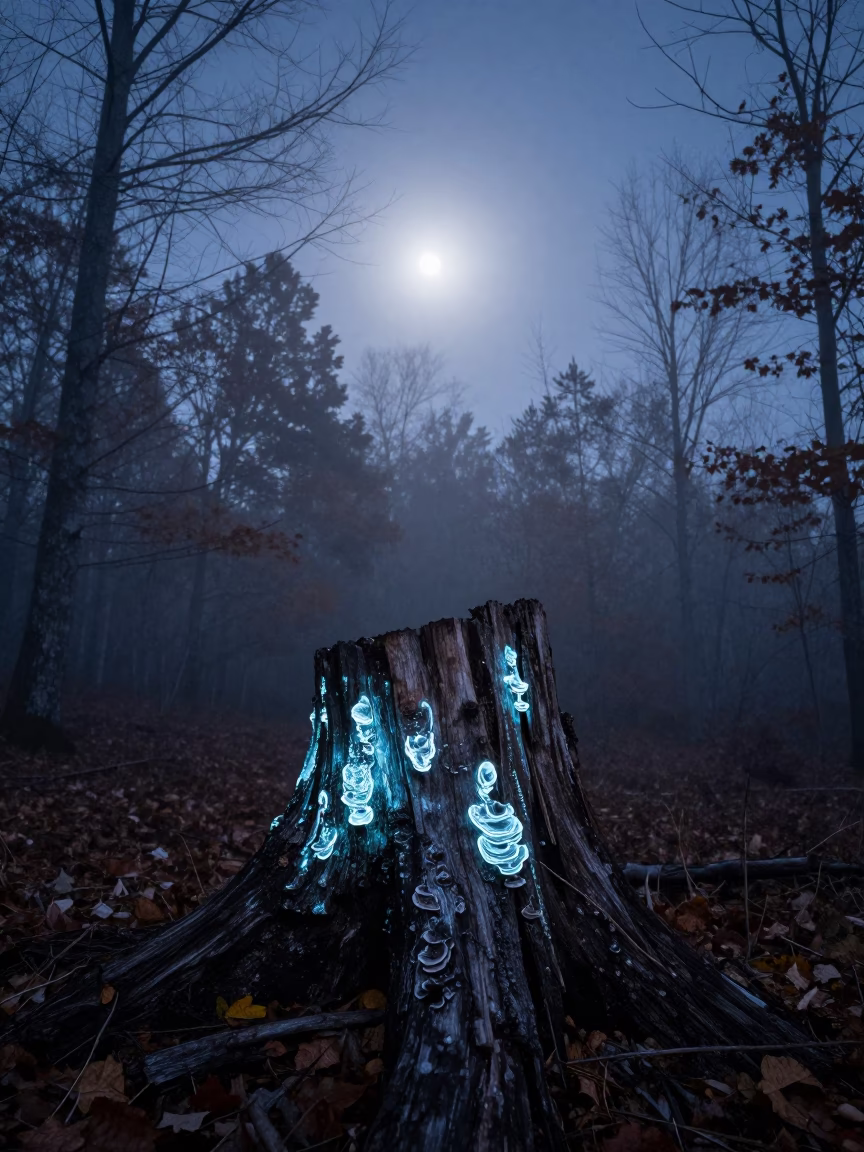 Glowing Foxfire on Rotting Stump Kentucky Night in in Kentucky