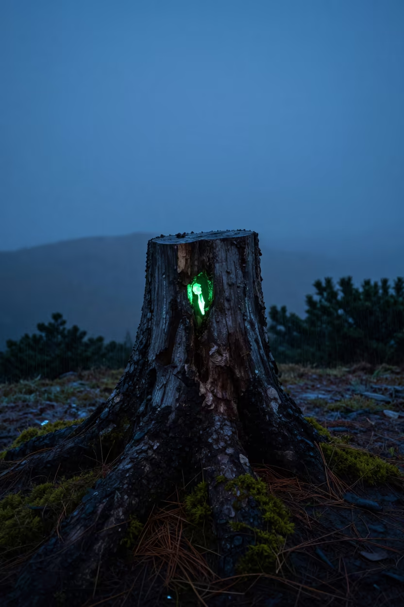Glowing Foxfire on Rotting Stump in Rainy Alpine Twilight in from a quiet alpine saddle in South Sudan