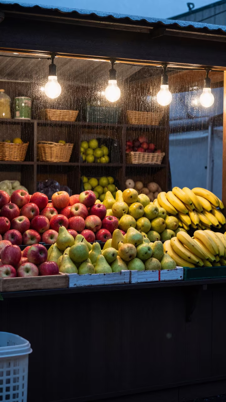 Glowing Fruit Stall at Dusk in Abakan Market in at a market stall counter in Abakan