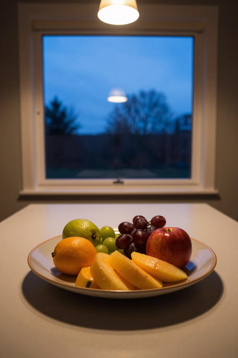 Glowing Fruit Stand Dusk Ohrid Window in on a ceramic plate by a window in Ohrid