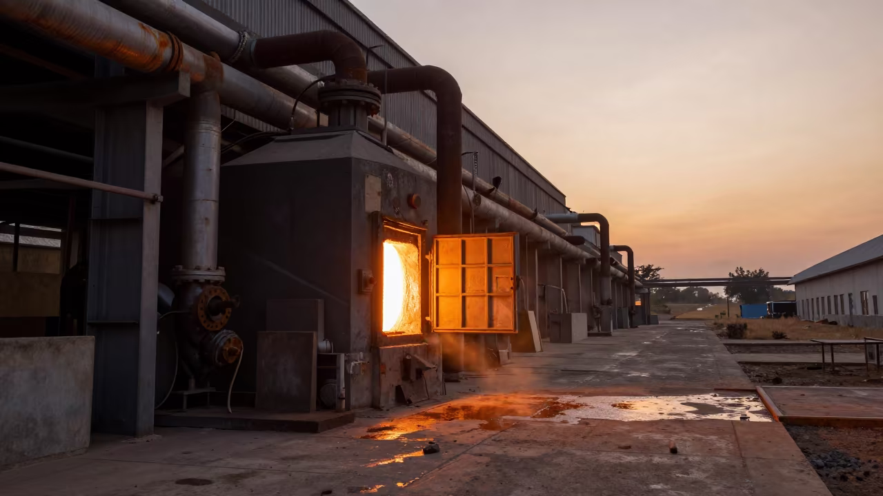 Glowing Furnace Door at Guéckédougou Glass Factory in on a factory floor near Guéckédougou