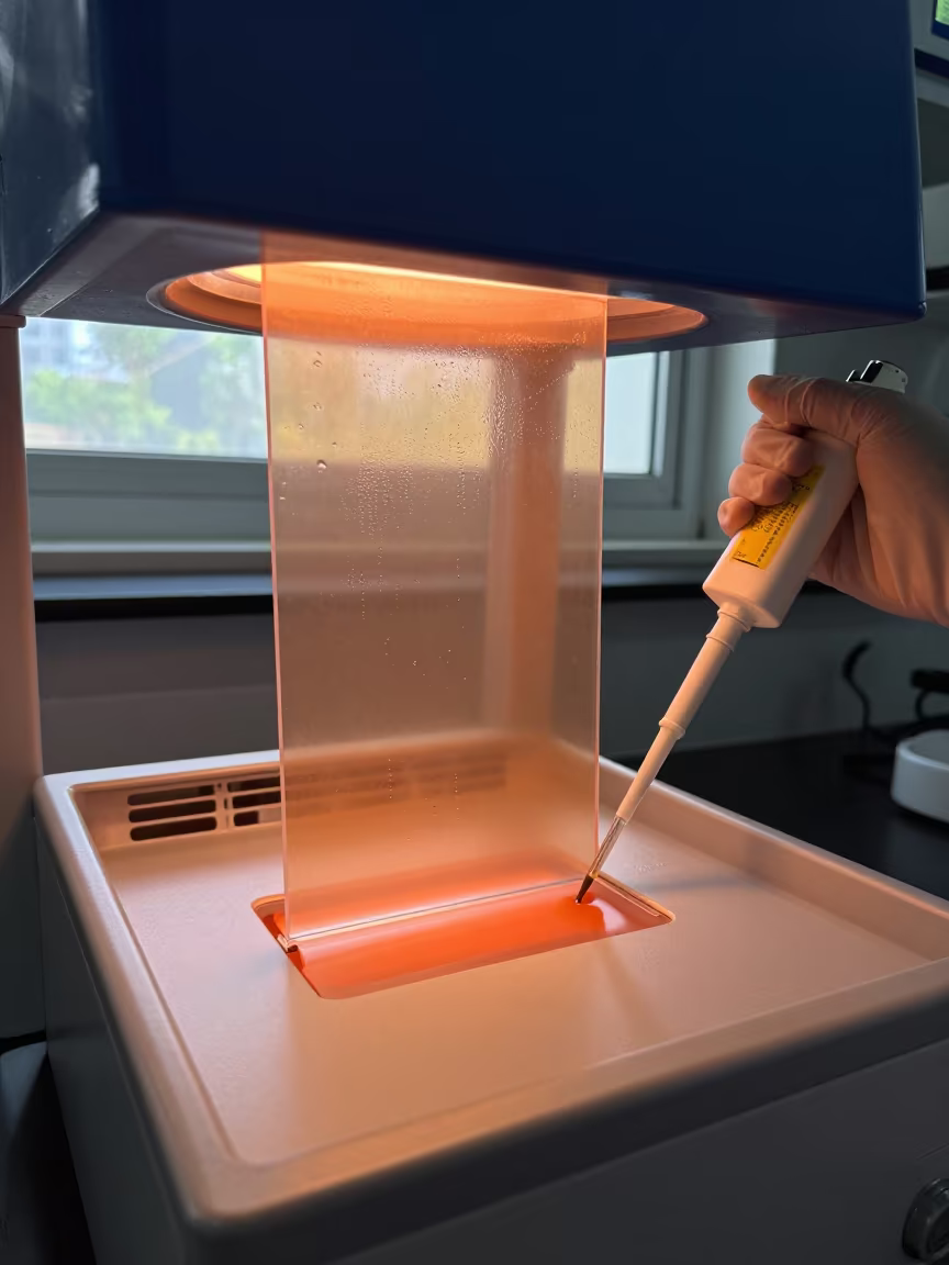 Glowing Gel Electrophoresis Under Blue Hood in inside a university research lab in Ciudad Ojeda