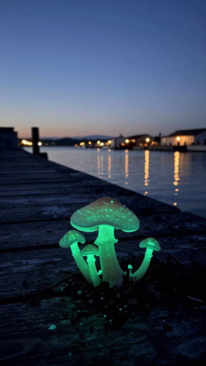 Glowing Ghost Mushroom Near Starlit Harbor in beside a lantern-dotted harbor in Central African Republic