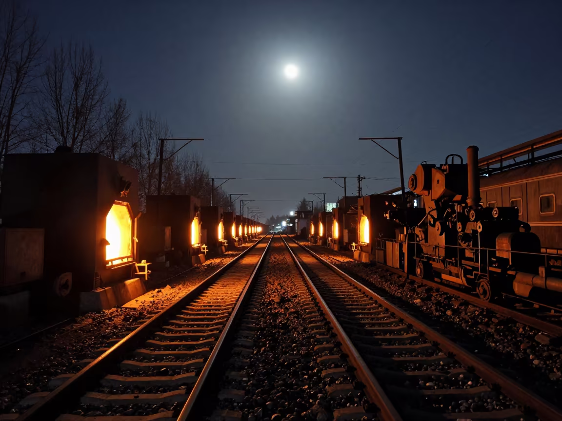 Glowing Glass Annealing Line Night Rail Yard in at a rail yard near Pyongyang