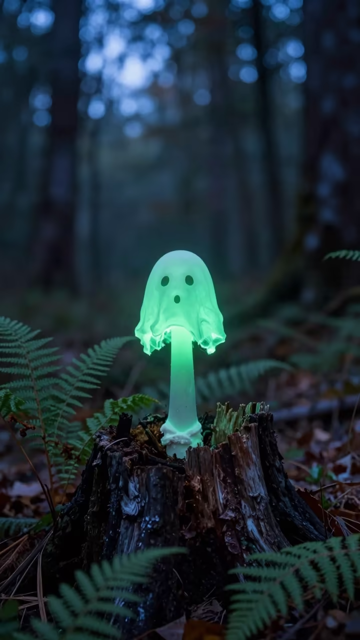 Glowing Green Ghost Mushroom on Autumn Stump in on a fern-lined forest floor near Arnhem