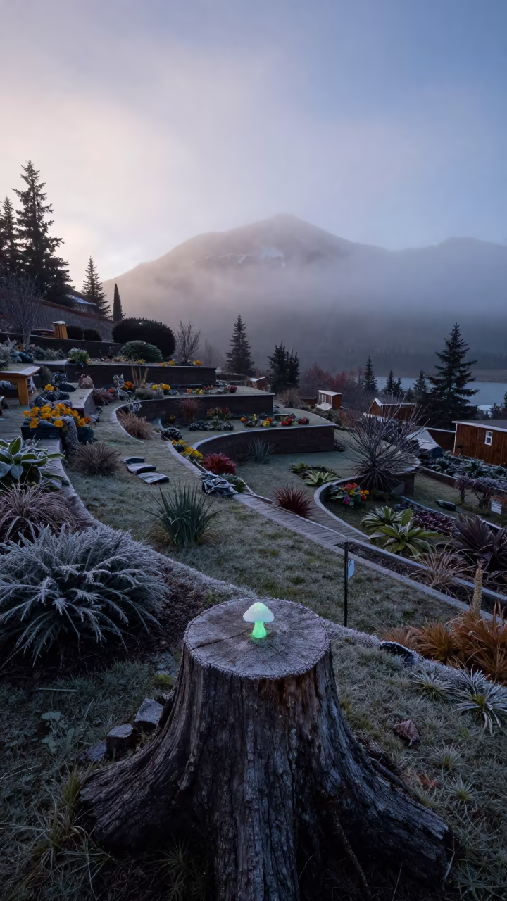 Glowing Green Ghost Mushroom on Stump Alaska Dawn in among terraced garden plots in Alaska