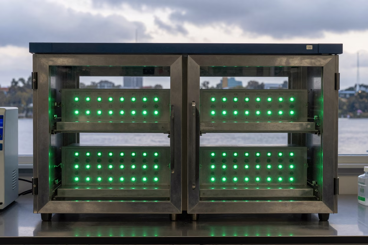 Glowing Green LED Status Lights on Science Shelf in in Brisbane