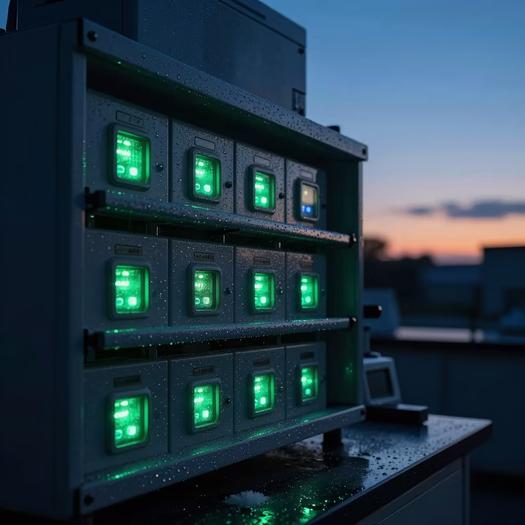 Glowing Green LEDs on Science Lab Shelf in in Warnes
