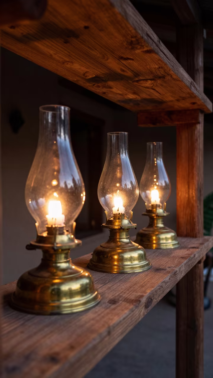 Glowing Hurricane Lamps on Ibb Workshop Shelf in on a workshop shelf in Ibb