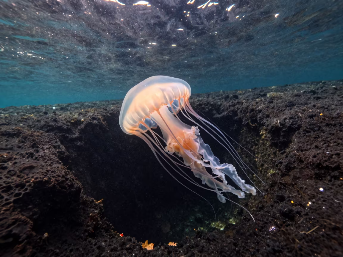 Glowing Jellyfish Drifting Near Volcanic Drop Off in beside a volcanic drop-off near Osaka