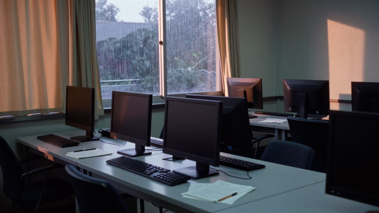 Glowing Keyboard at Dawn in Moshi Lab in at a seminar table covered in notes in Moshi