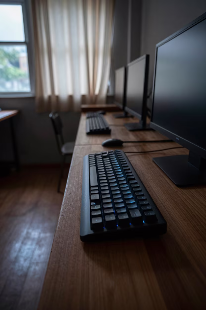 Glowing Keyboard Row in Dawn Woodshop in in a woodshop classroom in Cox's Bazar