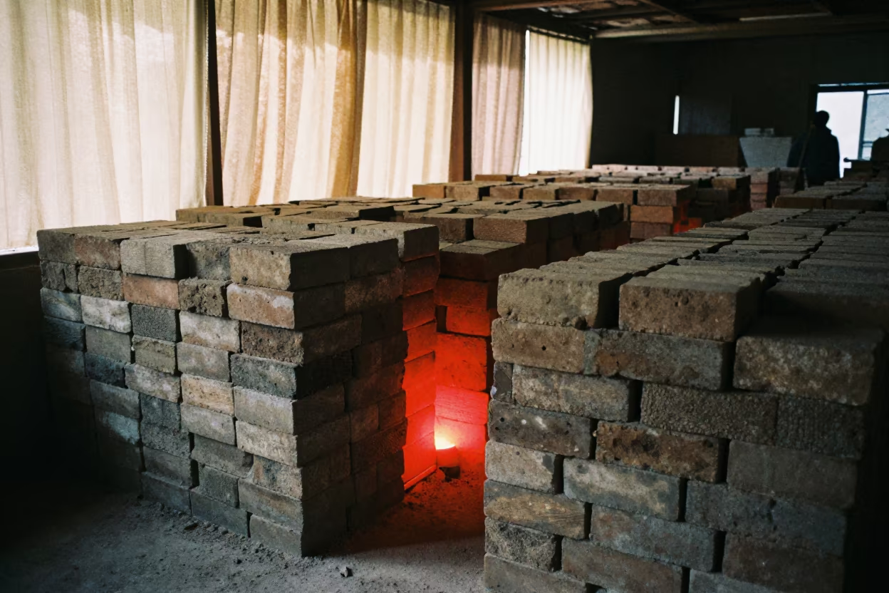 Glowing Kiln Interior with Stacked Bricks in at a rail yard near Sheikhupura