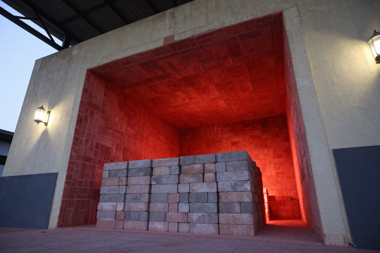 Glowing Kiln Interior with Stacked Bricks in Welding Bay in in a welding bay near Callao