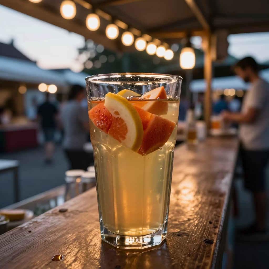 Glowing Kombucha Glass at Nyíregyháza Market in at a market stall counter in Nyíregyháza