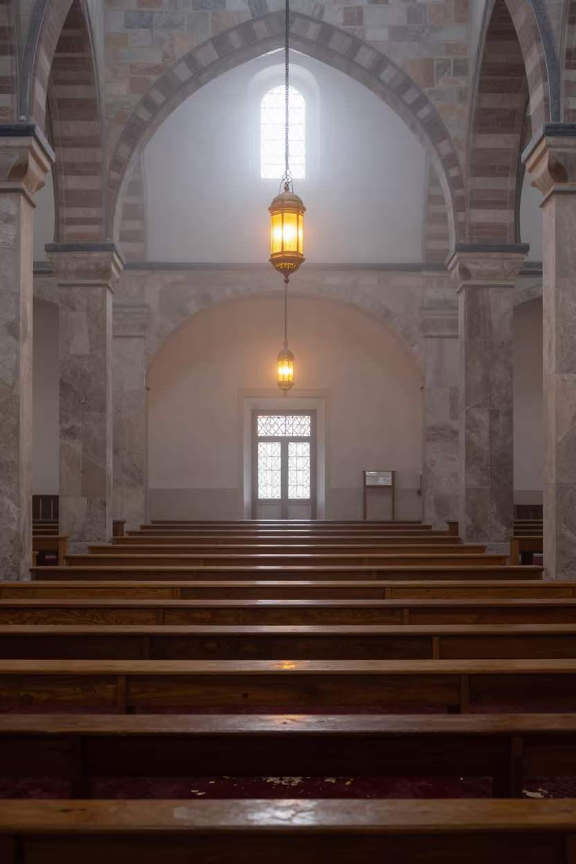 Glowing Lantern in Autumn Prayer Hall Fog in in a prayer hall near Yüksekova district
