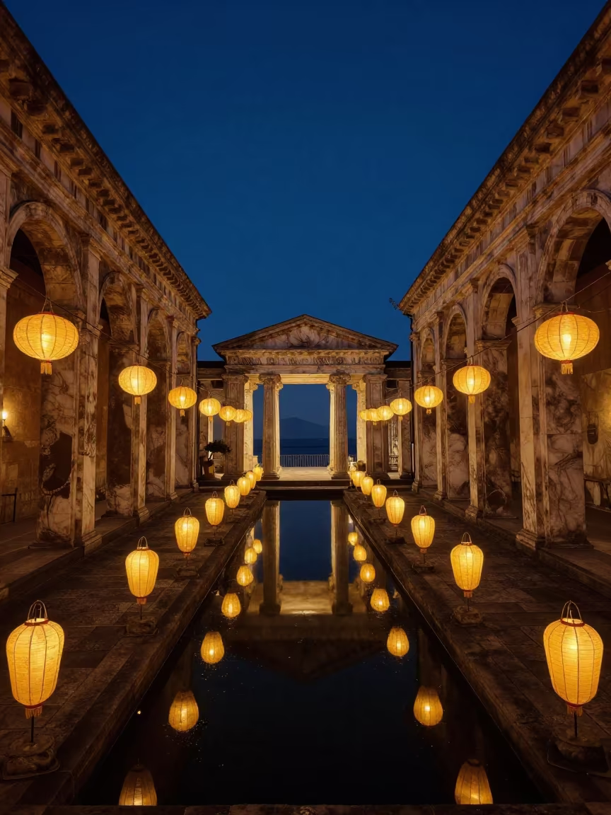 Glowing Lantern Corridor in Naples Temple Night in in a temple courtyard in Naples