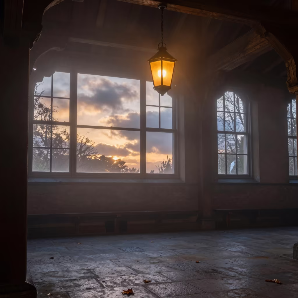 Glowing Lantern in Foggy Hall at Sunset in in a ceremonial hall near Southampton