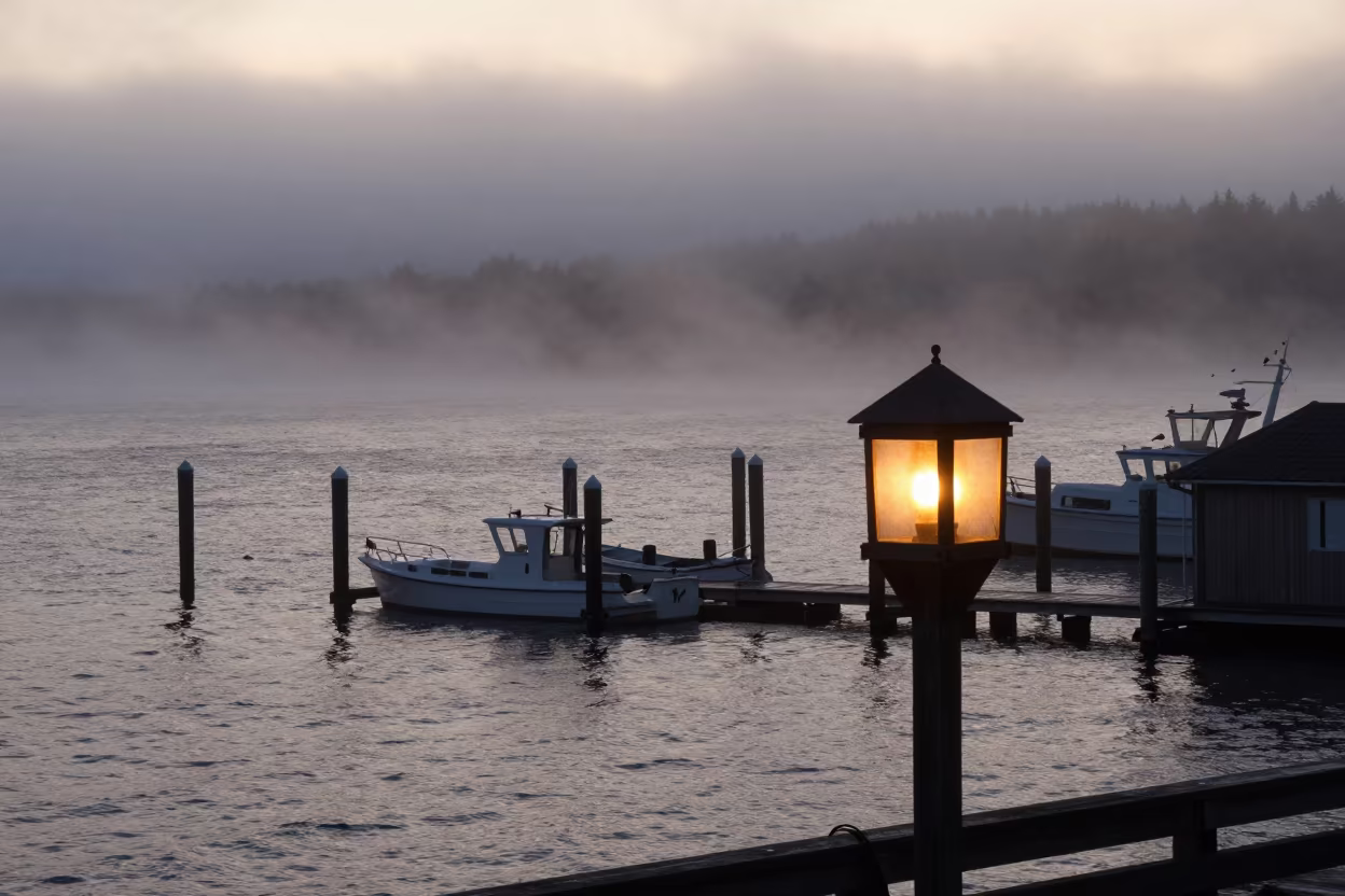 Glowing Lantern in Oregon Harbor Fog in in Oregon