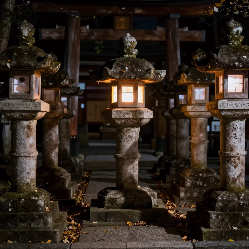 Glowing Lantern Path Inside Tennoji Shrine in at the foot of a stone altar in Tennoji, Osaka