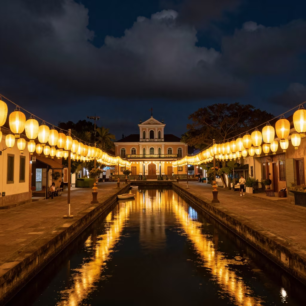 Glowing Lanterns Reflect in Canal at Salvador Temple in in a temple courtyard near Salvador