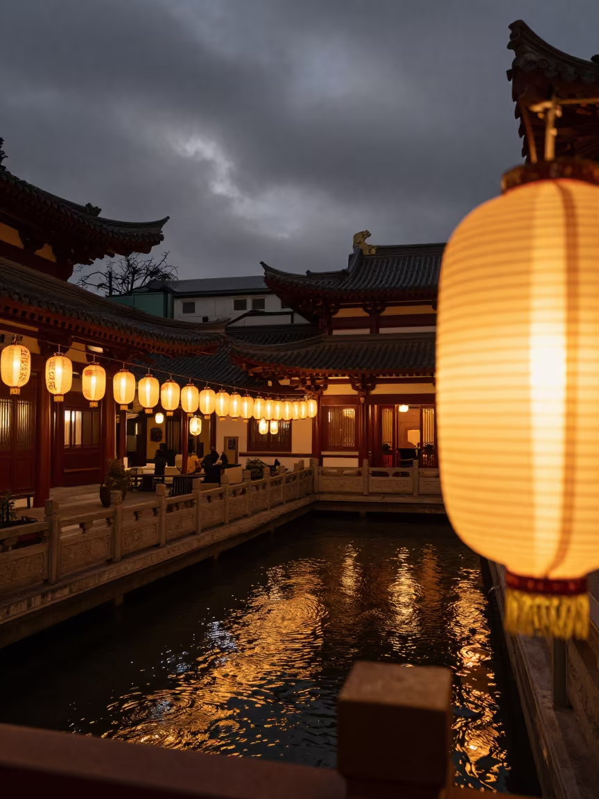 Glowing Lanterns in San Francisco Temple Courtyard Night in in a temple courtyard in San Francisco
