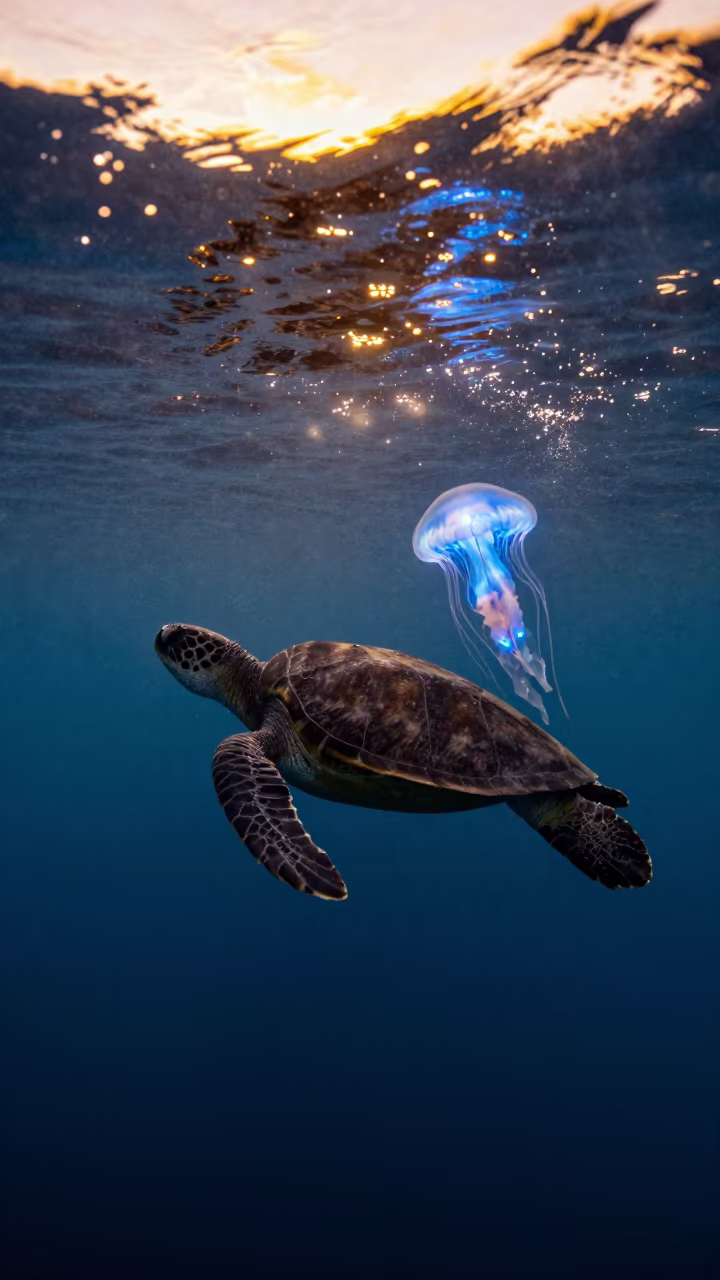 Glowing Leatherback Turtle Diving at Sunset in near Havana