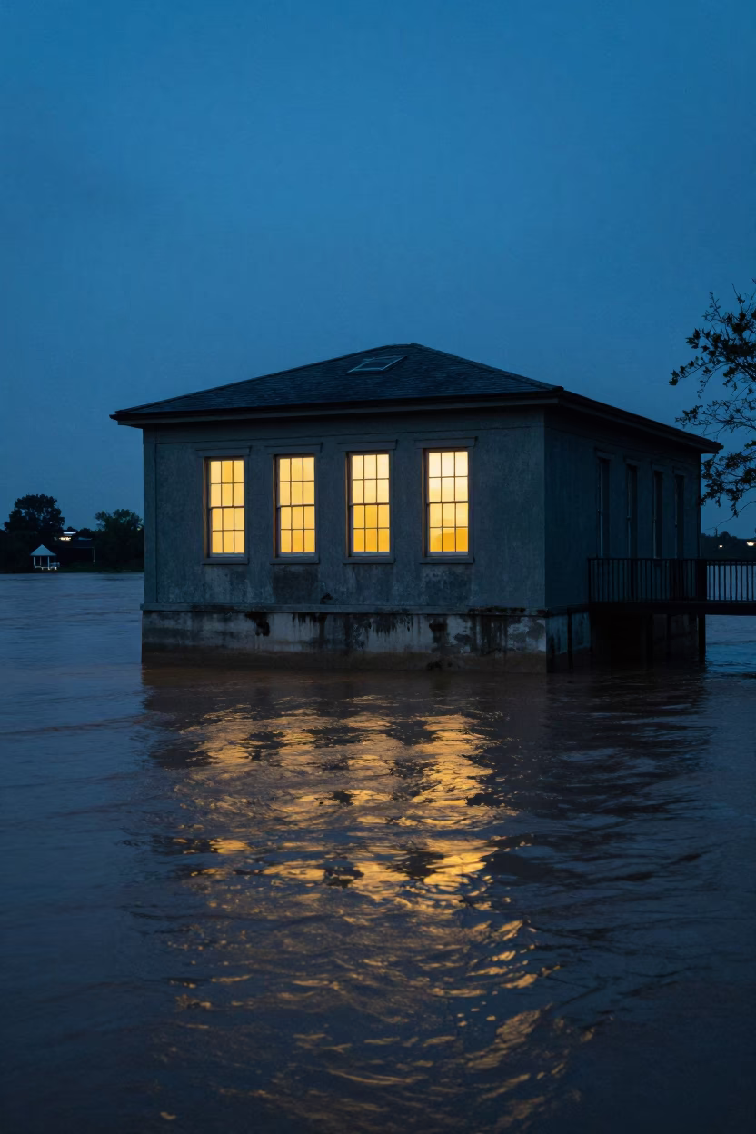 Glowing Levee Pump House Window Over Floodwater in Pre-Dawn New Orleans Louisiana in in New Orleans, Louisiana, United States