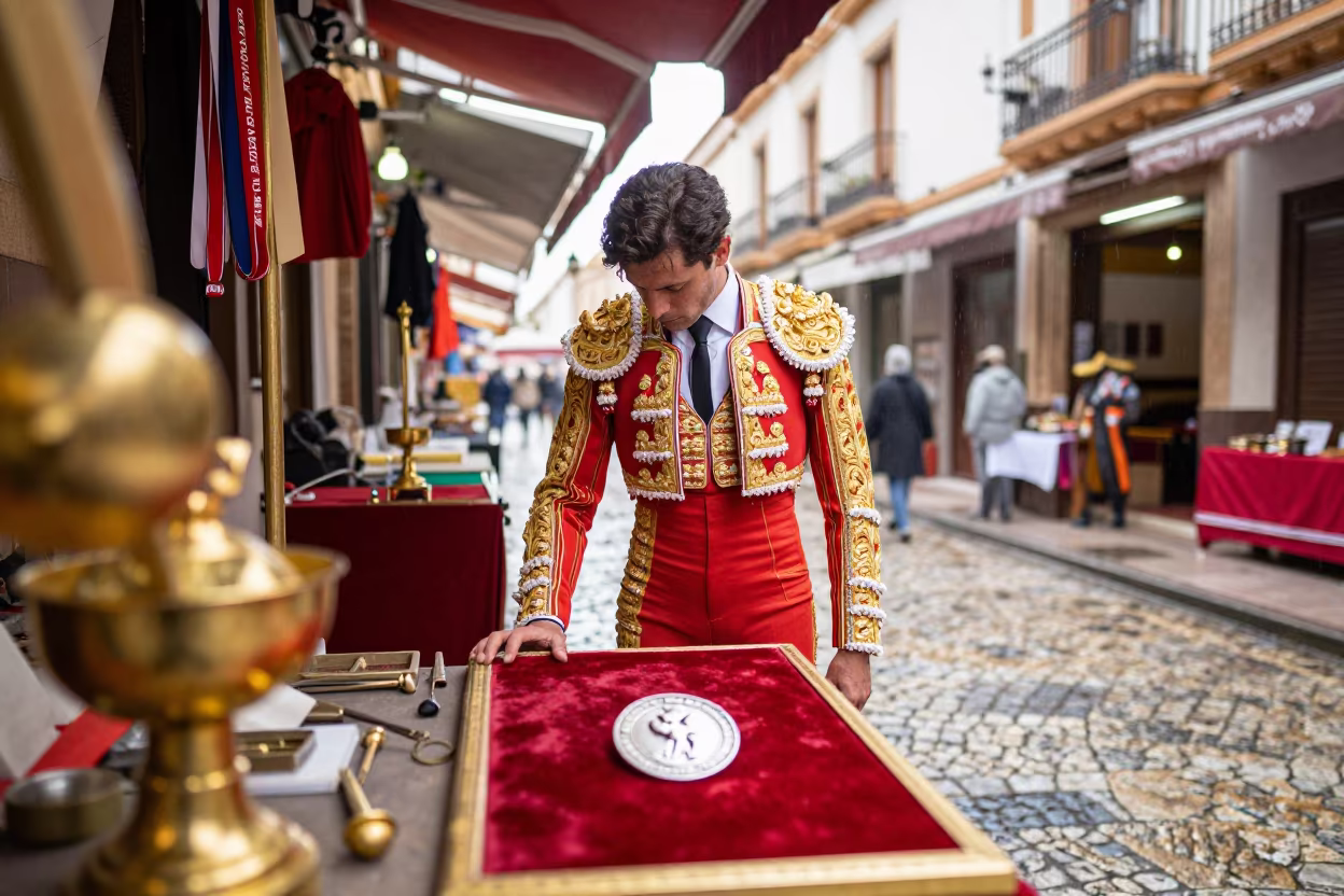 Glowing Matador Suit in Valencia Goldsmith Bazaar in at a goldsmith bench in a bazaar jewelry lane in Valencia