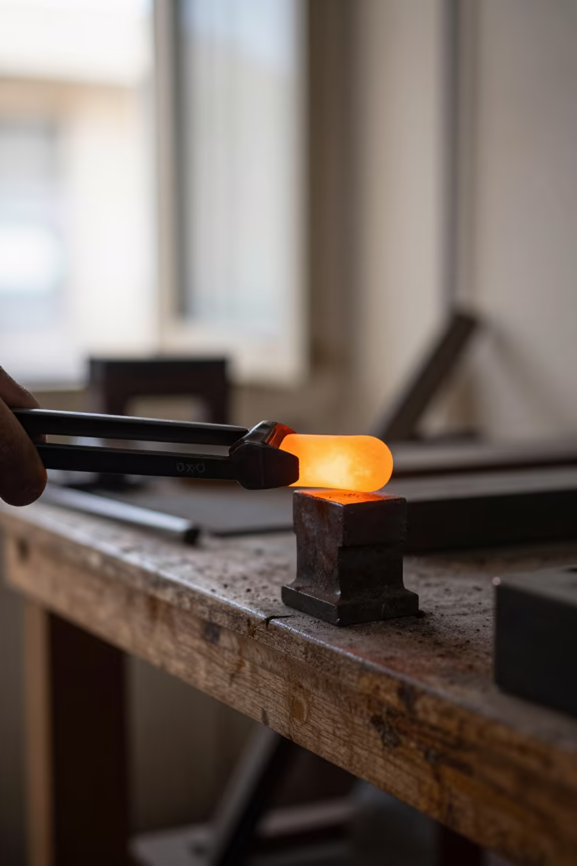 Glowing metal held by blacksmith tongs on shelf in on a workshop shelf in Helwan