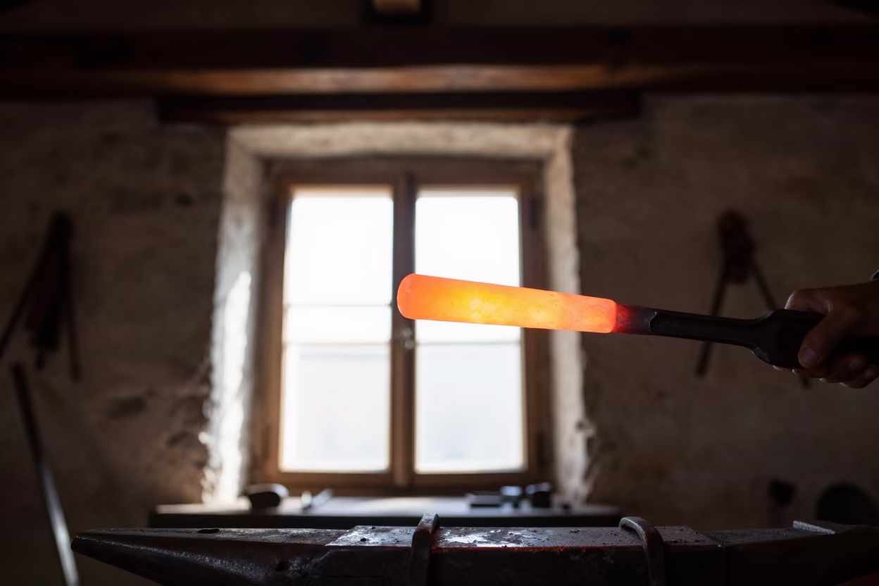Glowing Metal Held by Blacksmith Tongs in on a pier railing near Bucaramanga