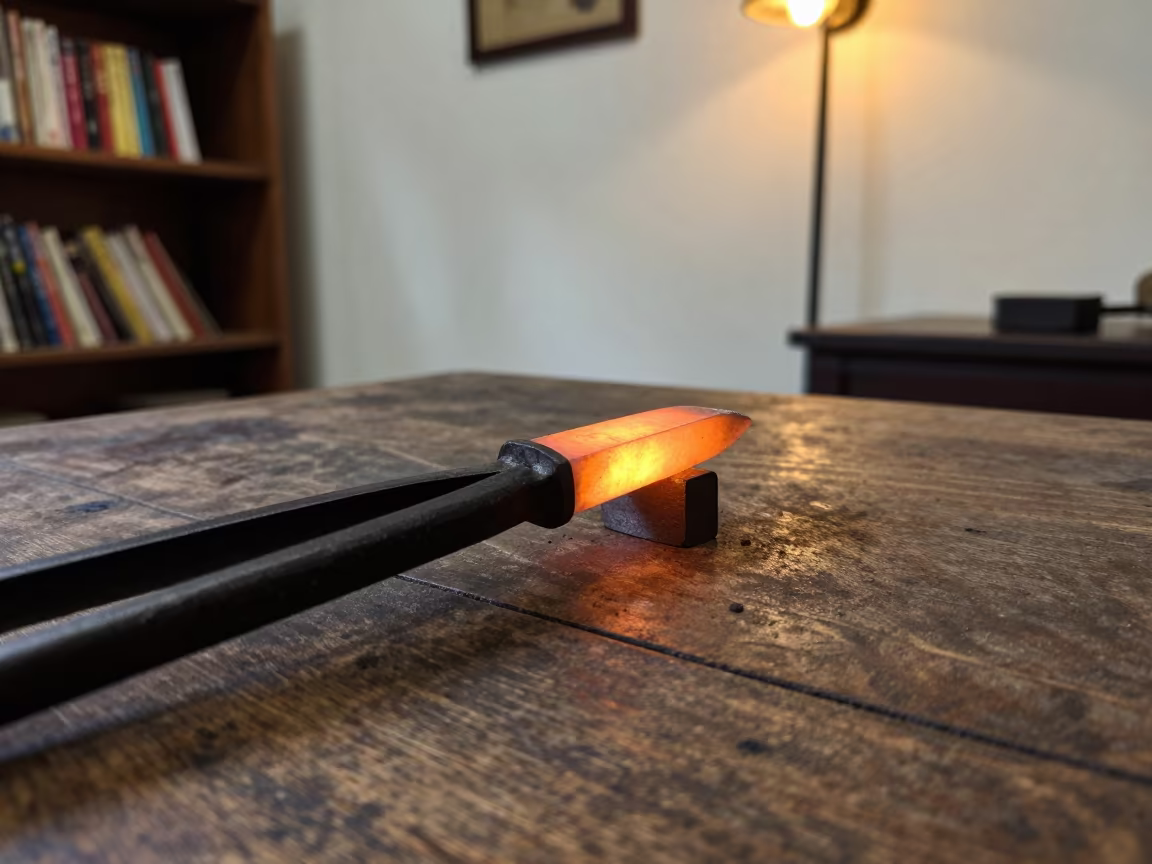 Glowing Metal Tongs on Shanghai Library Table in on a dusty library table in Shanghai