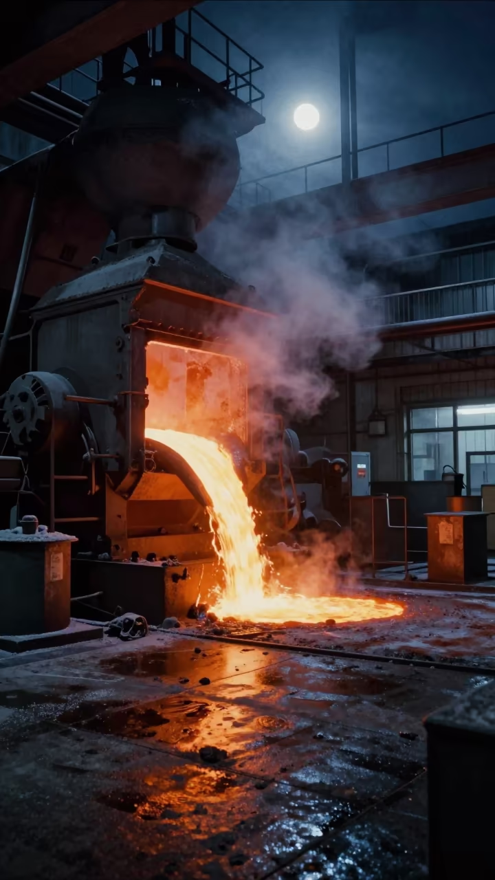 Glowing Molten Slag on Steel Mill Floor in inside a tea-processing hall near Dresden