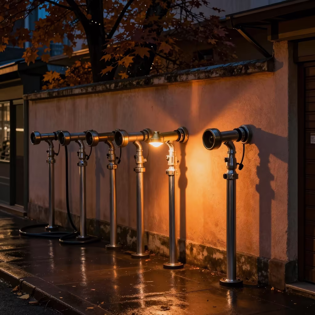 Glowing Nozzle Wall in Silvery Night in outside a lit retail frontage after dark in Damanhur