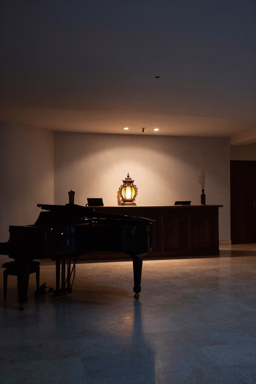 Glowing Ornament on Hotel Lobby Piano at Dawn in at a reception desk under warm light near Yola