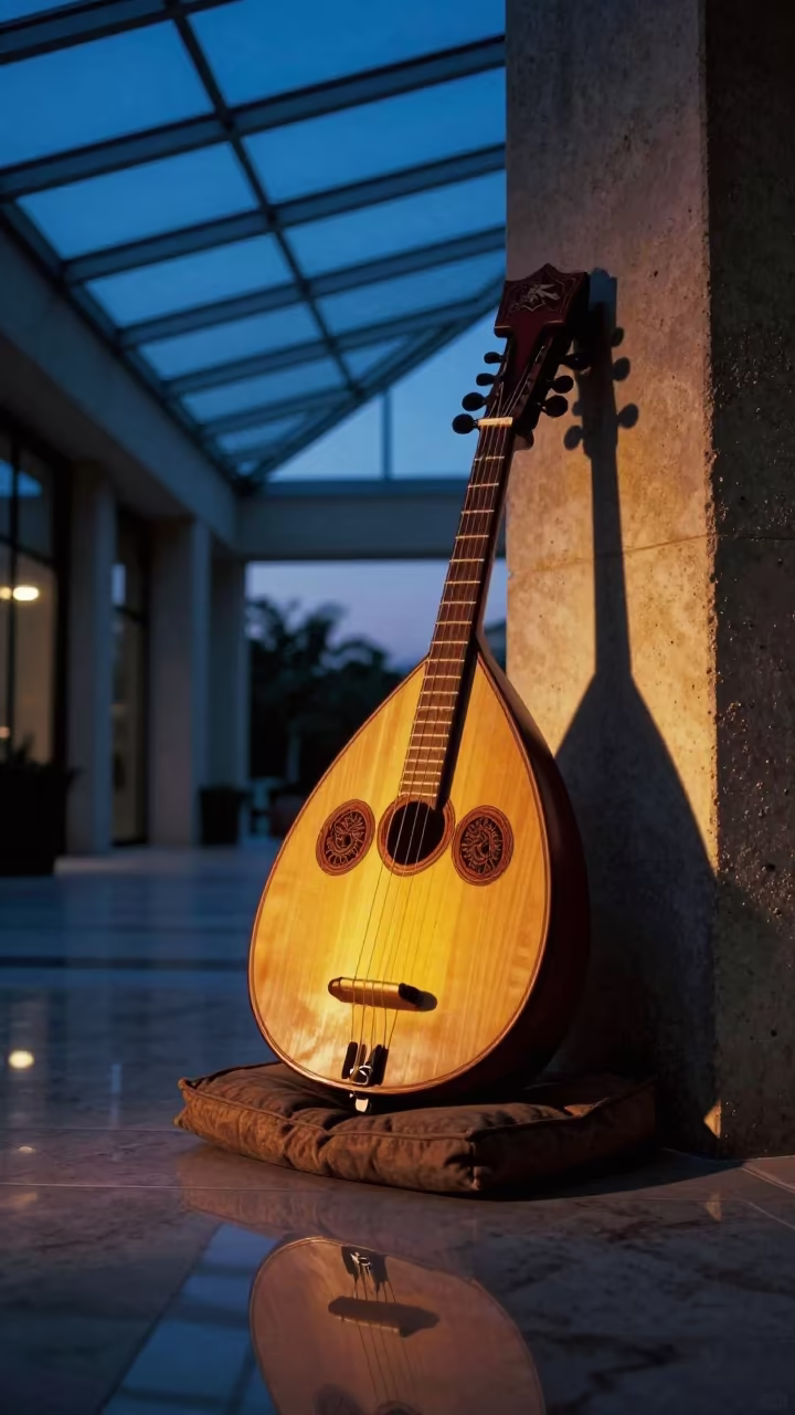 Glowing Oud in Glass Arcade at Blue Hour in inside a glass-roofed arcade in San Antonio