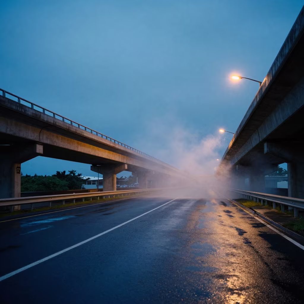 Glowing Overpass Interchange Above Wet Asphalt Twilight in beside a storm surge barrier in Hawaii