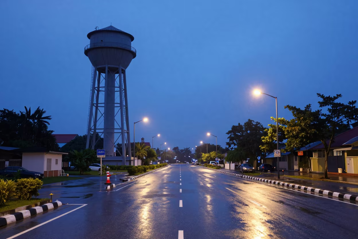 Glowing Overpass Interchange at Blue Hour in beside a water tower ladder in Malaysia