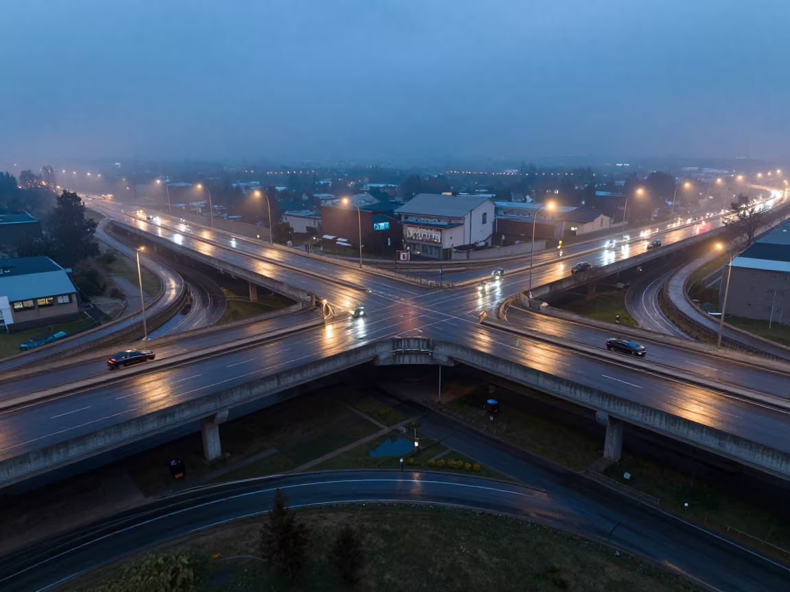 Glowing Overpass Interchange Web Above Wet Asphalt in along a levee path above floodwater near Belas
