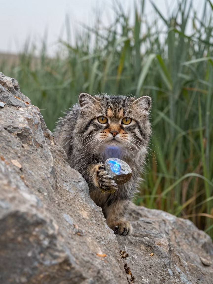 Glowing Pallas Cat in Isfahan Reed Bed in at the edge of a reed bed near Isfahan