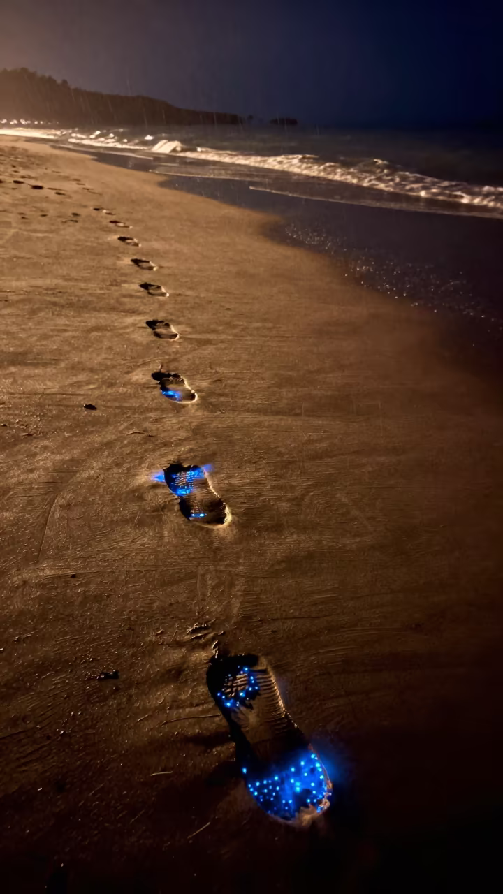 Glowing plankton footprints in monsoon Jharkhand night in in Jharkhand