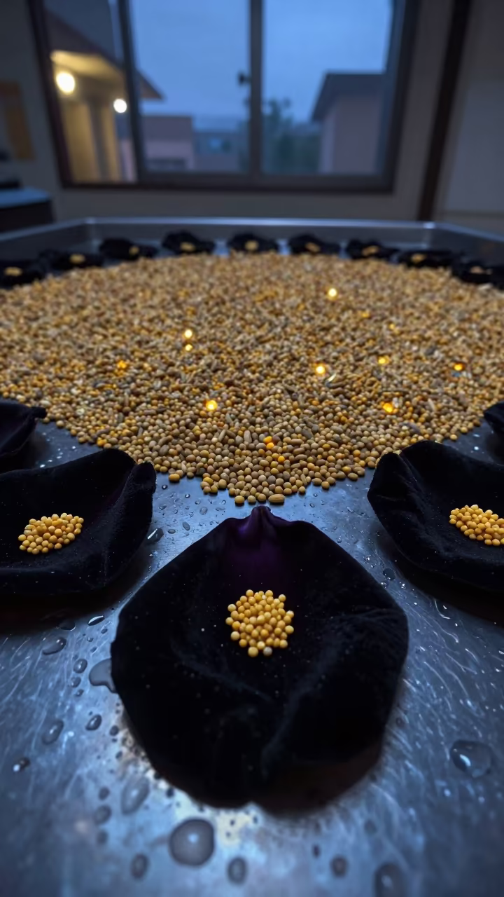 Glowing Pollen on Black Velvet in Kafr in across a rain-beaded metal surface in Kafr el-Sheikh