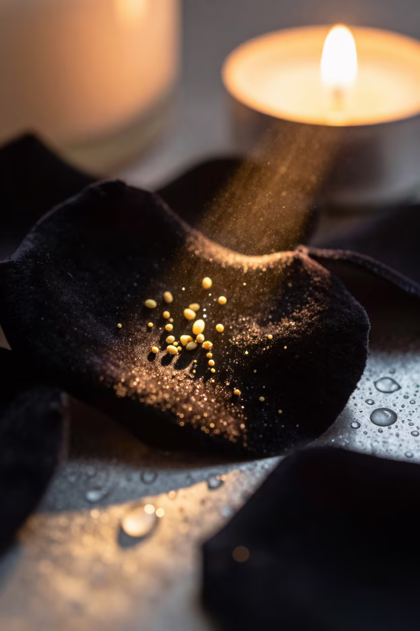 Glowing Pollen on Black Velvet Petals in across a rain-beaded metal surface in Kobe