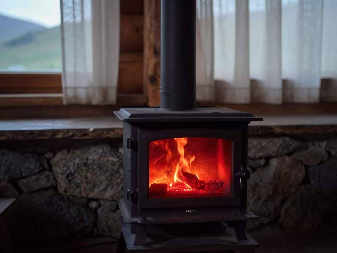 Glowing Red Cast Iron Stove in Mountain Cabin in on a stone ledge near Bishkek