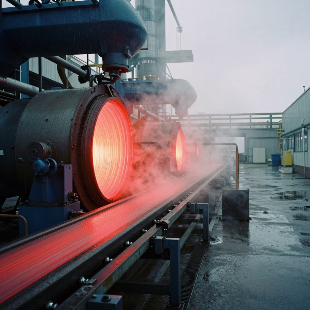 Glowing Red Glass Annealing Line in Rouen Turbine Hall in in a turbine hall near Rouen