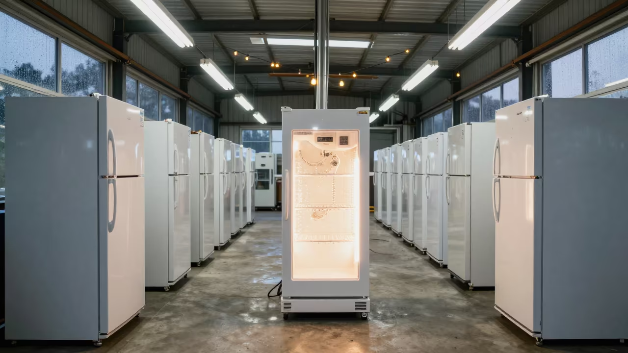 Glowing Refrigerator in Plymouth Welding Bay in in a welding bay near Plymouth