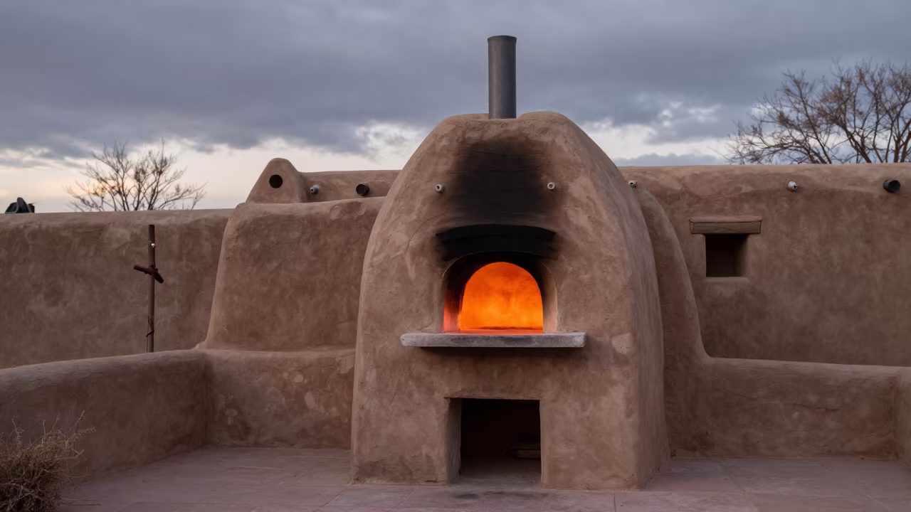 Glowing Ritual Bread Oven Before Dawn in in a ceremonial hall near Santa Fe Arts District, Denver