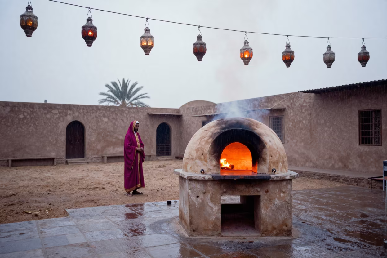 Glowing Ritual Bread Oven Dawn in Kismayo in in a shrine lined with lanterns in Kismayo