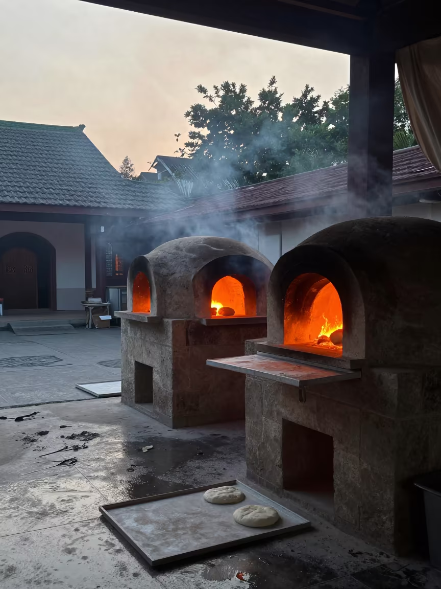 Glowing Ritual Bread Oven at Dawn in in a prayer hall near Taichung