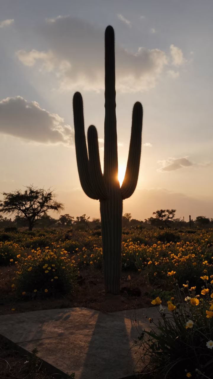 Glowing Saguaros in Tripura Sunset Meadow in in a bloom-heavy meadow in Tripura